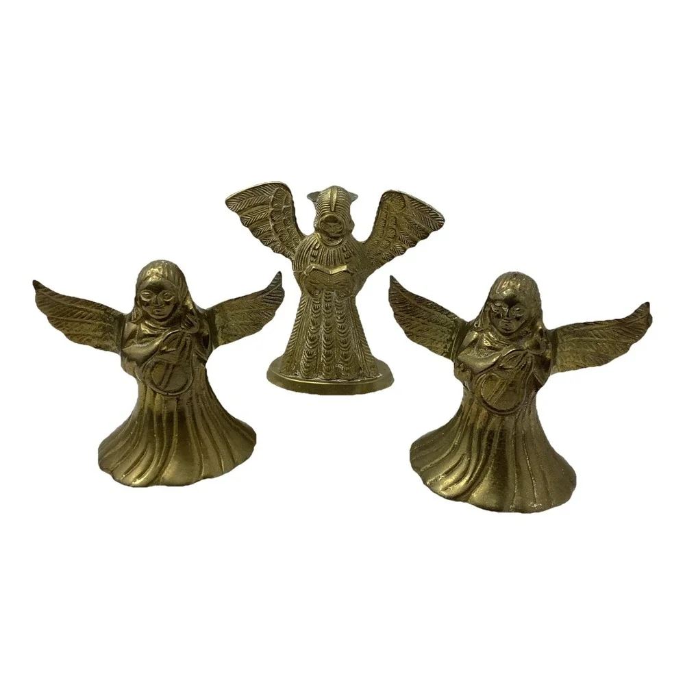Vintage Set Of Three Angel Shaped Brass Candle Holders Holiday Decor MCM